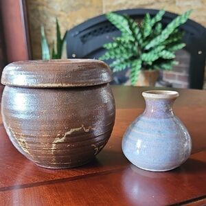 Handcrafted Textured Brown Jar/Pot/Dish and Purple Mini Vase Pottery Lot of 2